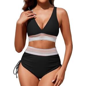 New Medium High Waisted, Color Block, Tummy Control Bikini Swim Suit